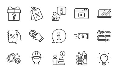 Business icons set. Included icon as Journey path, Light bulb, Money transfer signs. Foreman, Touchscreen gesture, Discount tags symbols. Gears, Discounts app, Video content. Pet shampoo. Vector