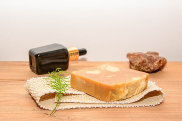 Natural bathroom product, handcrafted soap. Spa organic soap with a sprig of horsetail