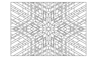 Landscape coloring pages for adults. Coloring-#332 Coloring Page of hexagonal mandala extended with variations in lines & square pattern on the background. EPS8 file.