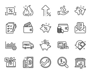 Vector set of Payment method, Increasing percent and Saving money line icons set. Discounts ribbon, Audit and Market seller icons. Debit card, Loyalty points and Loan percent signs. Vector