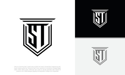 Initials ST logo design. Luxury shield letter logo design.