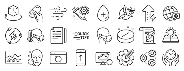 Set of Science icons, such as Windmill turbine, Swipe up, Face search icons. Settings gear, Sick man, Windy weather signs. Green electricity, Capsule pill, Copy documents. Education, Gears. Vector