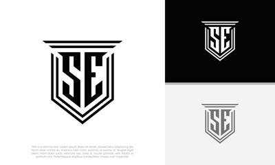 Initials SE logo design. Luxury shield letter logo design.