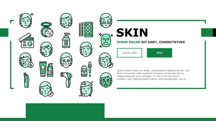 Facial Skin Care Treat Landing Web Page Header Banner Template Vector. Facial Skincare Makeup Cosmetics And Mask, Essential Oil And Acne Cream, Face Massager Illustration