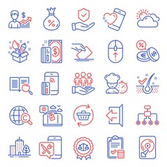 Business icons set. Included icon as Skyscraper buildings, Insurance hand, Heart signs. Contactless payment, Chef, Food app symbols. Anti-dandruff flakes, Search text, Sunny weather. Loan. Vector