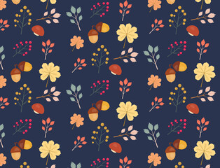 Beautiful pattern with leaves, rowan, acorn, mushrooms on dark background. Cute print, wallpaper