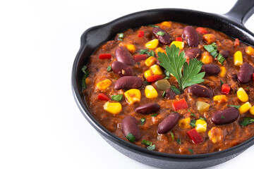Traditional mexican tex mex chili con carne in iron pan isolated on white background	