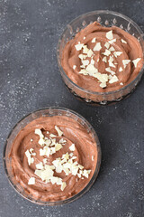 home made chocolate mousse in glass trifle bowl 