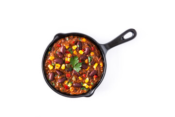 Traditional mexican tex mex chili con carne in iron pan isolated on white background	