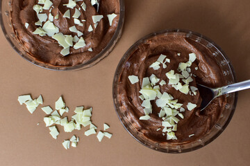 home made chocolate mousse in glass trifle bowl 