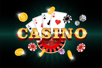 Casino gambling poster. Roulette with chips, poker cards, dice, win money gold coins and 3d inscription on dark background. Online risky entertainment club banner. Gambler play vector eps illustration