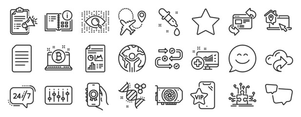 Fototapeta na wymiar Set of Technology icons, such as Artificial intelligence, Global business, Smile chat icons. Medical analytics, Refresh website, Vip phone signs. Award app, Report document, 24h service. Vector