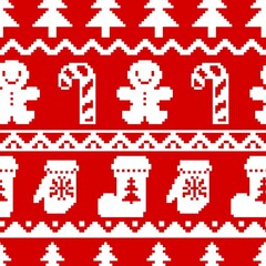 Seamless Christmas pattern with the image of candies, Christmas trees and socks, mittens with snowflakes, gingerbread. Design for paper, textiles and decor. Vector illustration.