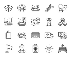 Vector set of Confirmed flight, Lighthouse and Escalator line icons set. Search car, Location and Honeymoon travel icons. Truck parking, World travel and Parking security signs. Vector