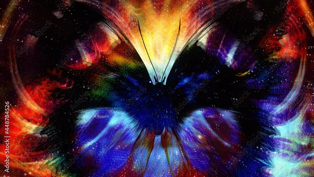 Poster illustration of a butterfly in cosmic space. mixed media, abstract color background.