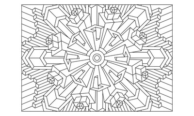 Landscape coloring pages for adults. Coloring-#237 Coloring Page of octagonal 3D mandala pattern. Extended version. EPS8 file.