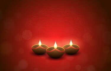 Red hindu festival design with burning diya lamps, bokeh and mandala effect. Diwali and Tihar holiday concept. Vector illustration.
