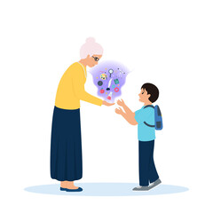 Elderly teacher presents knowledge to young pupil. Knowledge as magic comes out of her palms. Teaching, transfer of knowledge concept. Teacher and student. Teachers day flat vector illustration