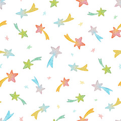 Watercolor seamless pattern with colorful stars and comets on white background.