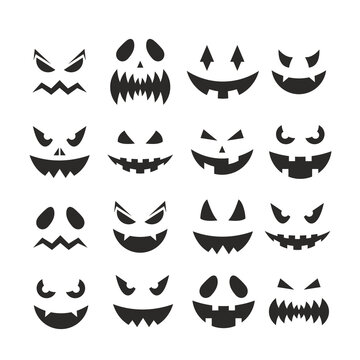 Halloween pumpkin jack-o-lantern faces vector illustration. October party scary black clipart collection, spooky pumpkins facial expression, smiling ghost face on Halloween party isolated on white