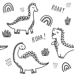 Children's seamless pattern with dinosaurs. Vector cute illustration for design, textiles, posters, fabrics, cards.