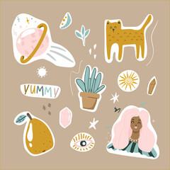 a set of cute stickers in a modern style