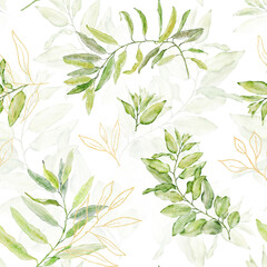 Watercolor seamless floral pattern with green and gold leaves on white background.