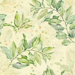 Watercolor seamless floral pattern with green and gold leaves on lihgt yellow background.