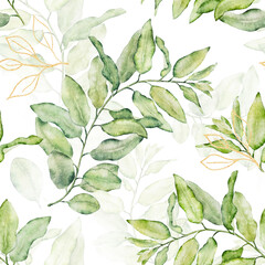 Watercolor seamless floral pattern with green and gold leaves on white background.