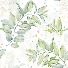 Watercolor seamless floral pattern with green and gold leaves on white background.
