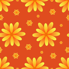 Flowers seamless pattern. Yellow 3d flowers on a red background. Three-dimensional seamless background.