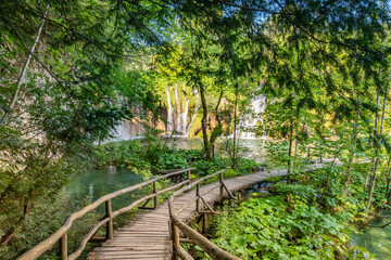 Fototapeta na wymiar Wooden footpath at Plitvice national park, Croatia. Pathway in the forest near the lake and waterfall. Fresh beautiful nature, peaceful place. Famous tourist destination.
