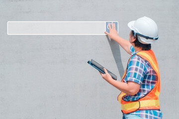 Searching browsing internet bar over background is Engineering woman wearing a white helmet and...