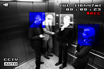 Security camera image of people in elevator