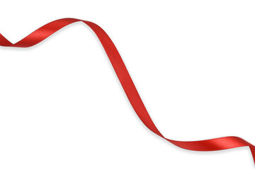 Clipping path. Top view(Flay lay) of Red ribbon rolled isolated on white scene view.  Party. Ribbon...