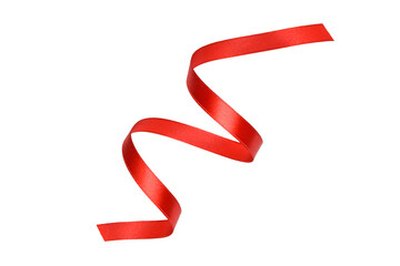 Clipping path. Red ribbon rolled isolated on white scene view. Top view(Flay lay). ribbon decal.