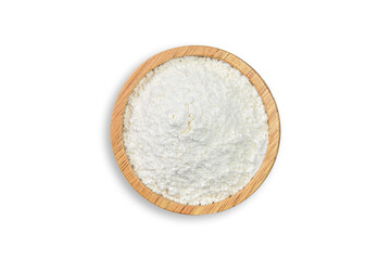 Clipping path. Top view(Flat lay) of Circle wood bowl with wheat flour isolated on white background view. Ingredient is food. Close up.