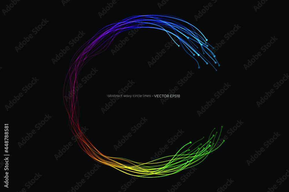 Poster abstract wavy dynamic spectrum light lines circle swirl round frame isolated on black background in 