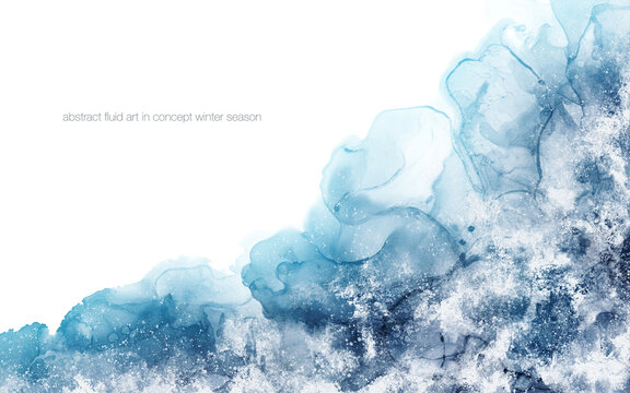 Abstract art paint white and blue by watercolor and alcohol ink in concept winter, ice, snow.