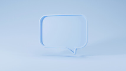 Blank blue speech bubble icon on blue background for social media messages, 3D rendering illustration.