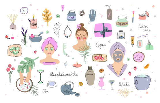 Bachelorette party at the spa with cocktails and a bar. A set of elements for a home spa, face masks, scented candles,  foot bath, a massage washcloth, a cucumber mask, facial skin care. Vector doodle