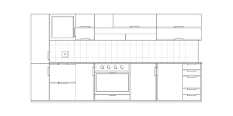 Kitchen drawing.Architectural linear sketch interior kitchen front view.Modern home furniture.Vector illustration .