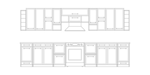 Kitchen drawing.Architectural linear sketch interior kitchen front view.Modern home furniture.Vector illustration .