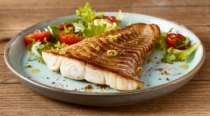Plate with fried fish with cherry tomatoes and salad leaves