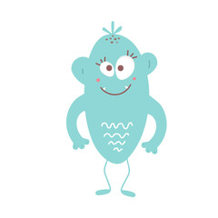 Happy cool cartoon fat monster. blue and horned vector monster character.