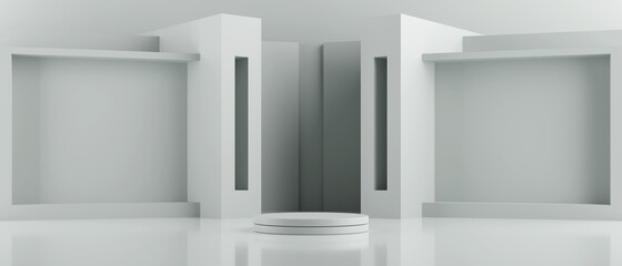 Abstract modern architecture background with a pedestal and a showcase. 3d illustration