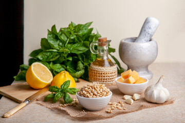 Ingredients for making basil sauce pesto at home