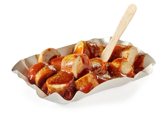 Fried sausage chunks with curry ketchup in container to go - 448792974
