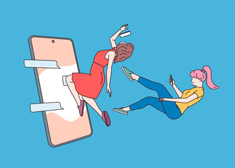 Social media chat and communication. Young womans flying and holding smartphone and chatting in messenger or social network.