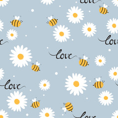 Seamless pattern with daisies and bee cartoon on blue background vector.